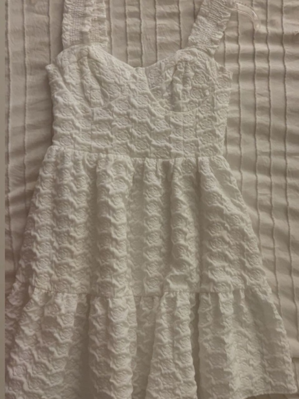 All in Favor White Textured Tiered Mini Dress with Flower Imprints